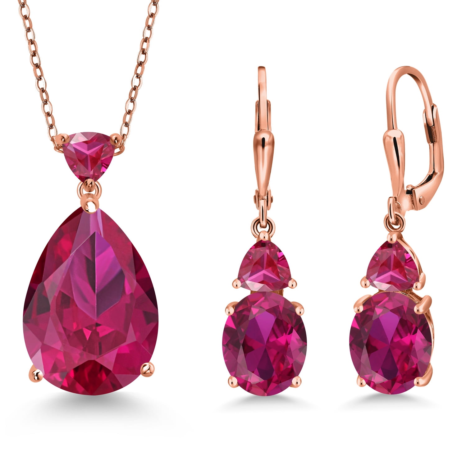 Gem Stone King 18K Rose Gold Plated Silver Red Created Ruby Pendant Earrings Jewelry Set for Women (20.29 Cttw, Pear Shape 18X13MM, Gemstone July Birthstone, with 18 inch Chain)