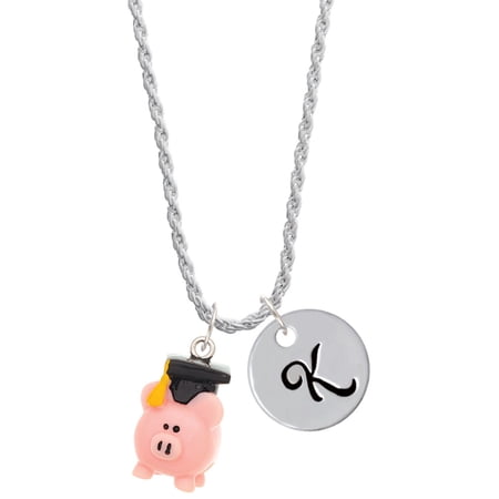 Delight Jewelry Resin Pink Pig Graduate Silvertone Script Initial Disc - K - Charm Necklace 20 +3
