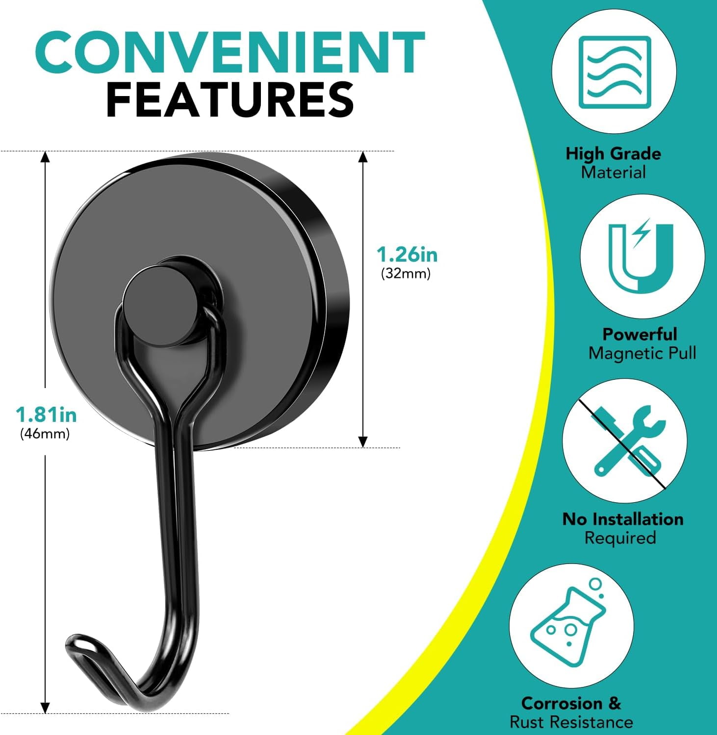 Black Magnetic Hooks 120LBS Strong Magnetics Heavy Duty 2026 Cruise Ship Essentials Magnets with Metal Hook for Hanging Refrigerator Home Kitchen Office, 8Pack