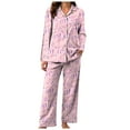 thumbnail image 5 of vigerkar Holiday Cute Bow Pajamas Women Silk Satin Pink Heart Print Pjs 2 Piece Long Sleeve Shirt Matching Lounge Pants Set (Pink, XXL), 5 of 6