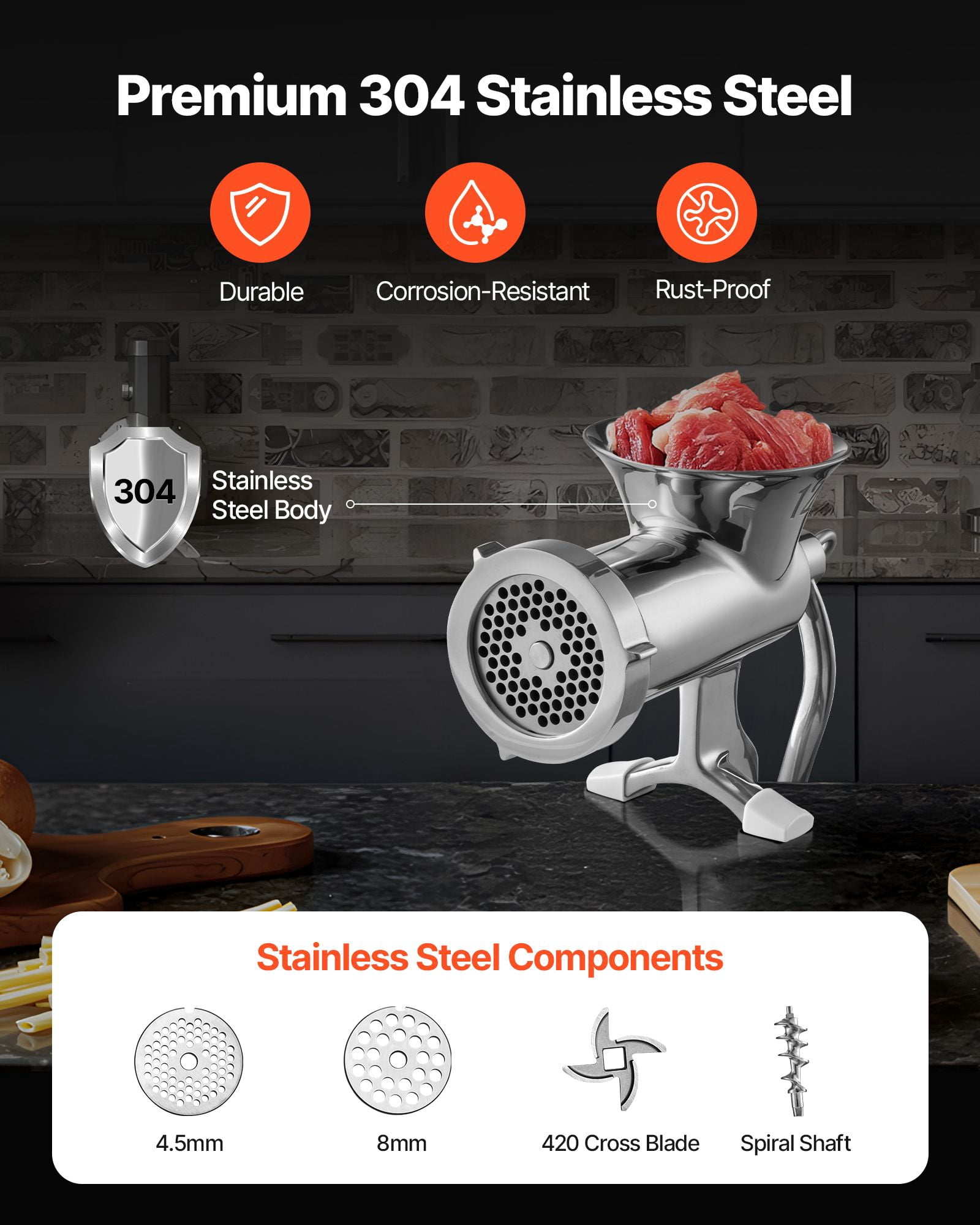 Manual Meat Grinder with Table Clamp, 304 Stainless Steel, 5mm/8mm Plates, Sausage Stuffer, for Home Kitchen Commercial Use