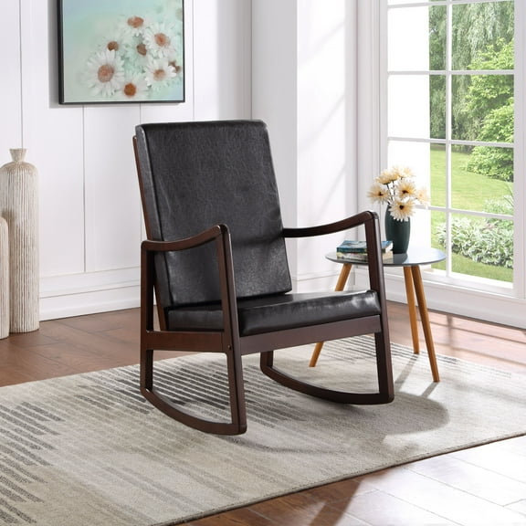 Newboti Raina Dark brown Synthenic Leather & Espresso Finish Rocking Chair 92471773833501