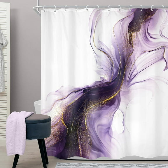Purple Shower Curtain Abstract Marble Ombre Gold Bathroom Decor for Women Modern Elegant Ink Texture Minimalist Chic Aesthetic Neutral Bath Curtain Fabric with Hooks 54"W x 78"L (Pack of 1)