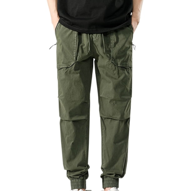 Pantalones largos de moda para hombre, casuales, de color sólido, con cremallera, bolsillos, cuerda elástica, pantalones casuales para hombre.