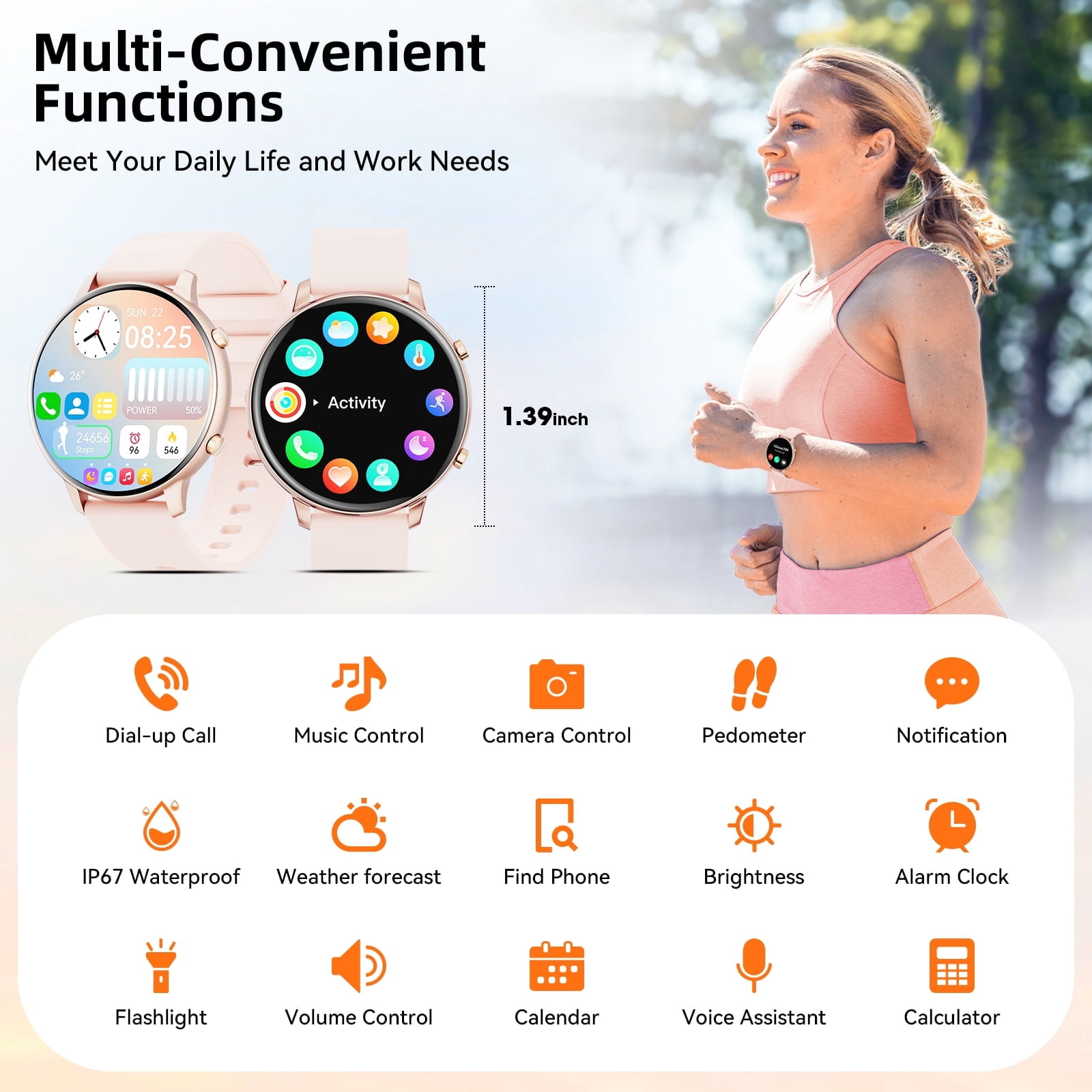 smart watch for Women, Compatible with Android and iPhone Devices, Featuring Fitness Tracker, 1.39-inch Smartwatch Gift, Answer/Make Calls/120 Sports Modes, IP68 Water-Resistant Fitness Watch (Pink)