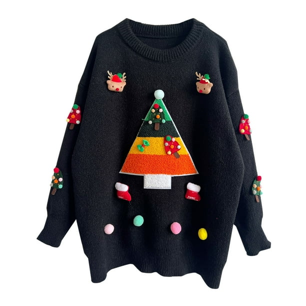 Suéter de cuello redondo para mujer, moda de manga larga, cuello redondo navideño, blusa holgada de tendencia, suéter de punto, suéter para mujer, top