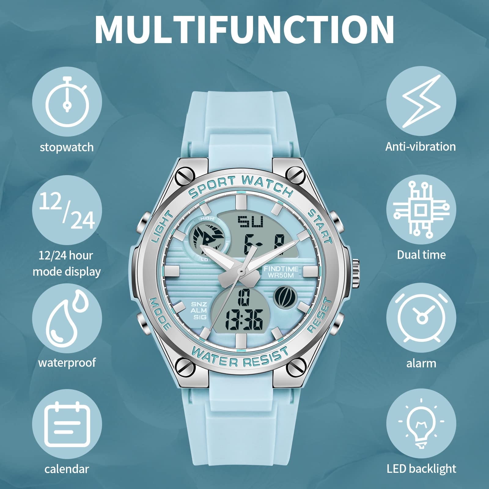 Findtime Ladies Sport Digital Watches Wrist Watch for Women with Waterproof Dual Time Date Luminous Back Light Week Alarm Stopwatch Count Down White Black Blue Green