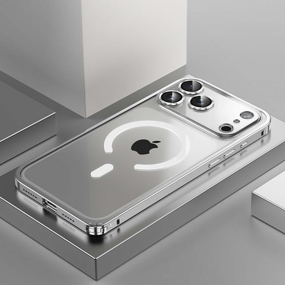 Magnetic For iPhone 17 Pro Max Phone Case,Compatible with Mag-Safe,Anti-Scratch Metal Bumper,Hard PC Transparent Back,Built-in Lens Protector,Ultra Slim Rugged Durable Phone Case,Silver