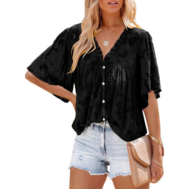Txlixc Blusa informal para mujer, cuello en V, manga acampanada, textura de flores, botones, camisa suelta con volantes para mujer Txlixc Moda