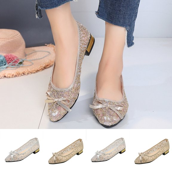 Samdudou Flats for Women Closed Toe Pointed Front Low Block Heel Slip On Shoes Romantic Sheer Mesh Lace Bowknot Detail Dressy Footwear for Wedding Evening Party