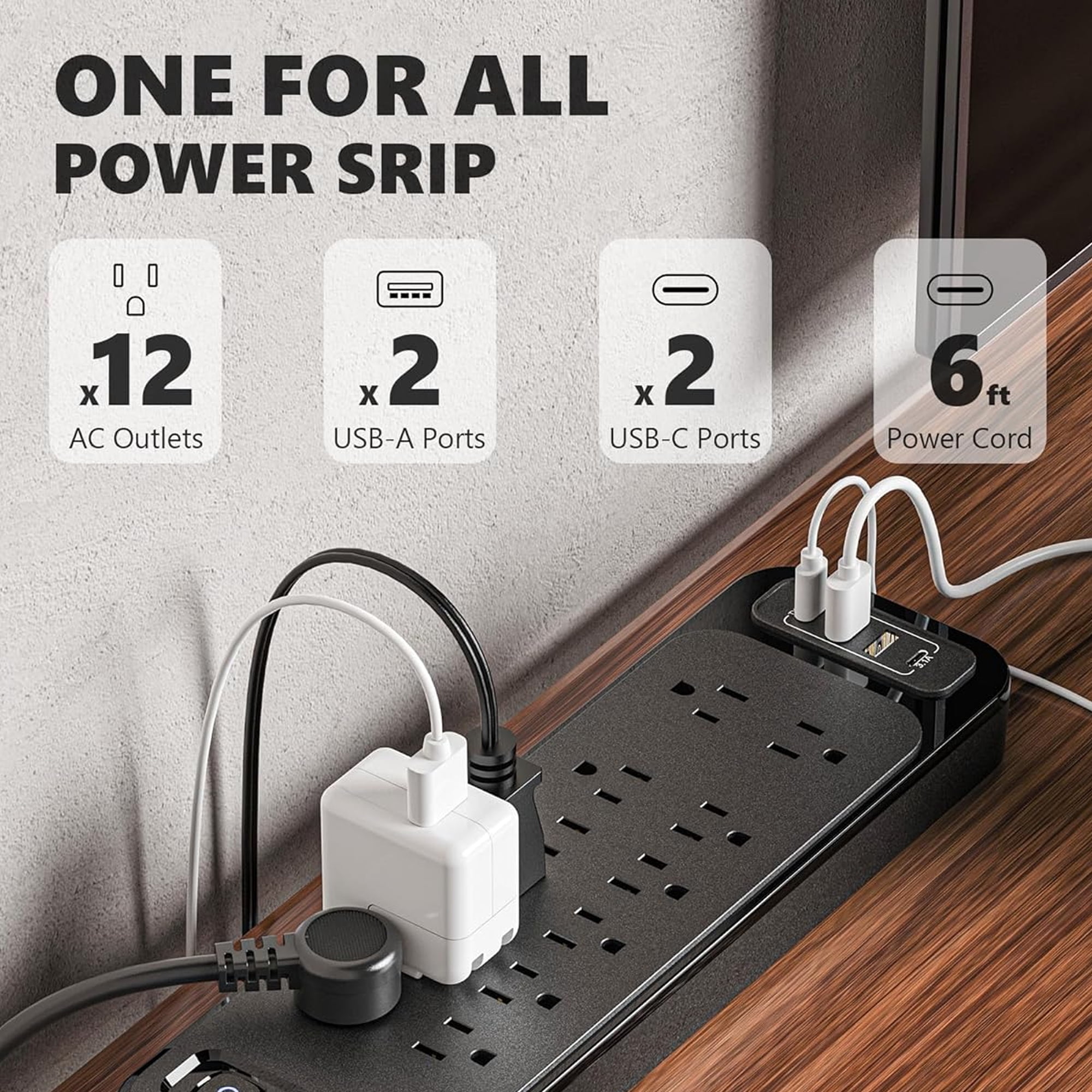 Power Strip with Surge Protection, Plug 12 Outlet Surge Protector Extender with 2 USB & USB-C Port, Flat Plug Extension Cord, Outlet Extender for Living Room, Bedroom, Travel, College, Dorm