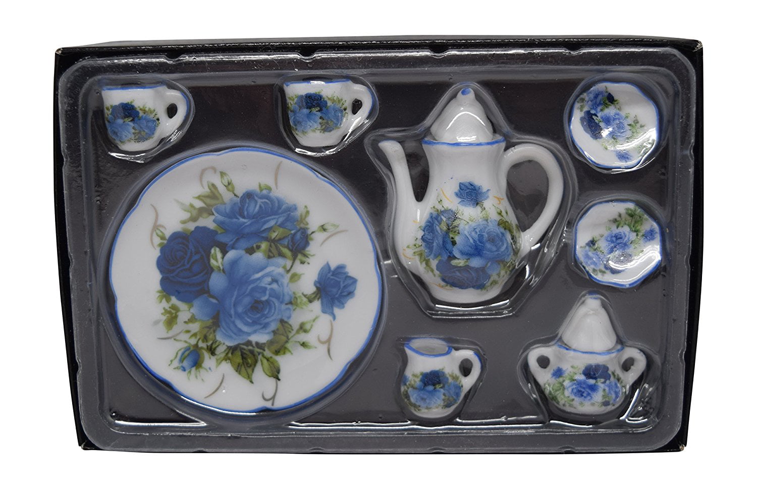 16 Scale 10 Piece Mini Dollhouse Size Blue Floral Tea Set with Teapot Sugar 