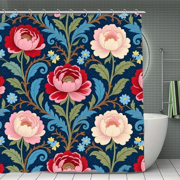 Navy Blue Floral Botanical Print Shower Curtain,Modern Fabric Waterproof Shower Curtain Set with Hooks 70.8×70.8Inch (180×180cm)