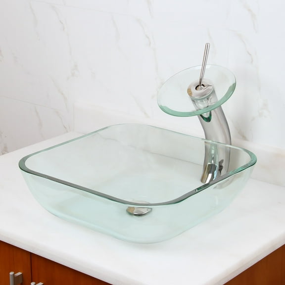 Elite Transparent Square Tempered Glass Flat Bottom Bathroom Vessel Sink Bowl with Chrome Pop-up Drain - 1501 P01C