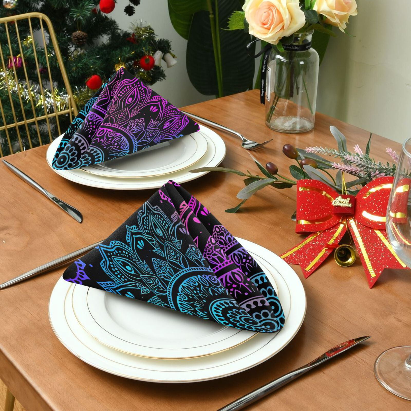 JSTEL Rainbow Mandala Flower Boho Cloth Napkins Set of 6, 20x20 Inch Washable and Reusable Napkin for Decoupage Dinner Party Everyday Use