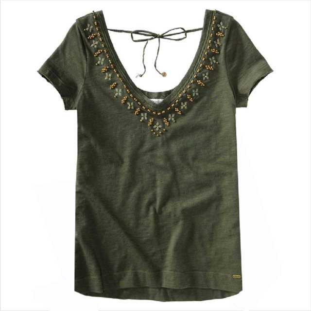 Aeropostale - Camiseta gráfica con cuentas y cuello en V para mujer, verde, talla mediana