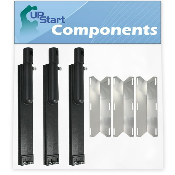 3-Pack BBQ Gas Grill Tube Burner & Heat Shield Plate Tent Replacement Parts for Jenn Air 720-0061 - Compatible Barbeque 16" Cast Iron Pipe Burners & Flame Tamer, Guard, Deflector, Flavorizer Bar