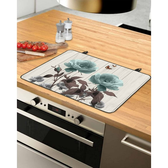 nqOlkjepod Large Induction Cooktop Protector Mat 36"x21", Teal Flowers Stove Top Covers for Electric Stove, Farmhouse Florals Butterfly Wooden Grain Stove Burner Cover Mats, Glass Top Stove Cover