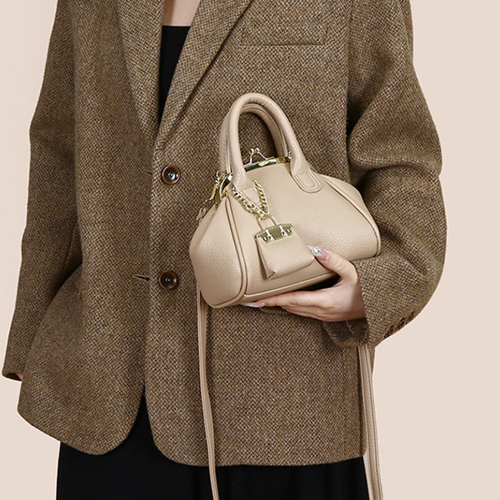 PU Leather Crossbody Bag for Women Trendy Kiss Lock Shoulder Bag Retro Handbag Satchel Bag Top Handle Bag Commuting Bag