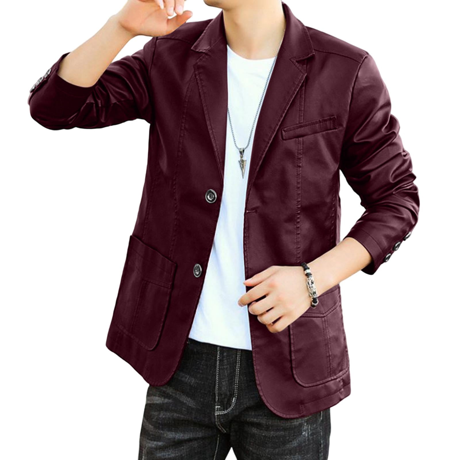 Wutalume Men's Leather Suit Collar Casual Leather Jacket, Genuine Leather Material, Stylish Lapel Design, Durable Construction for Long-Lasting Wear,Wine 2XL