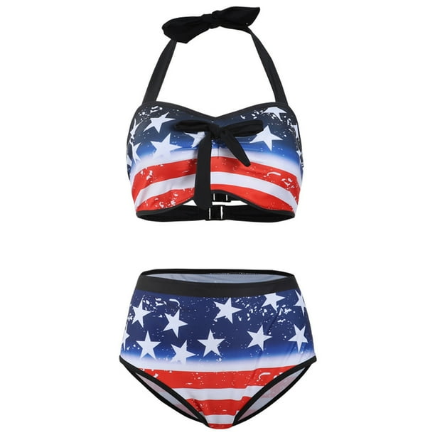 American Flag Women's 2 Piece Swimsuit Bikini Set with Halter Bandage  Bathing Suits
