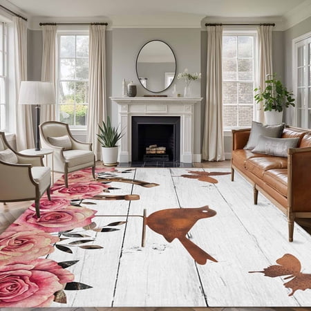 Large Area Rugs for Living Room Bedroom Pink Roses Birds 5 x8 Rug Washable Carpet Runner Indoor Outdoor Spring Floral Butterflies Gray Wooden Non Slip Floor Mats Rug for Kitchen Bathroom