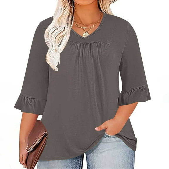 Gnshining Plus Size Sweatshirts for Women 3/4 Ruffled Sleeve V Neck Blouses Loose Fall Fashion Solid Color Casual Tunic Tops