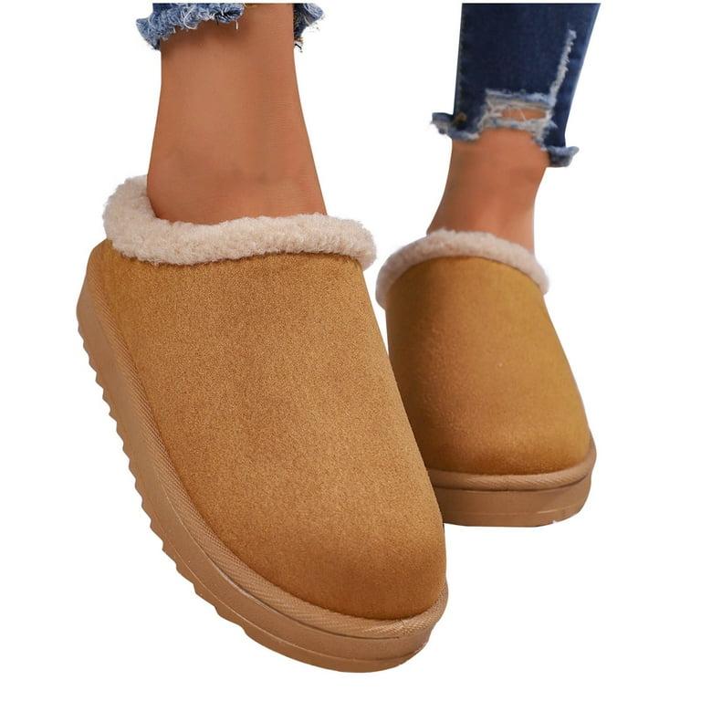 Brown Womens Plush Furry House Shoes With Thick Sole For All Day