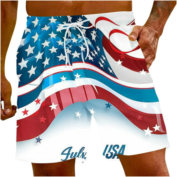 WAENQINLA Men's Swim Trunks Big and Tall Quick Dry Board Shorts American Flag Printed Swimwear for Men Bathing Suit