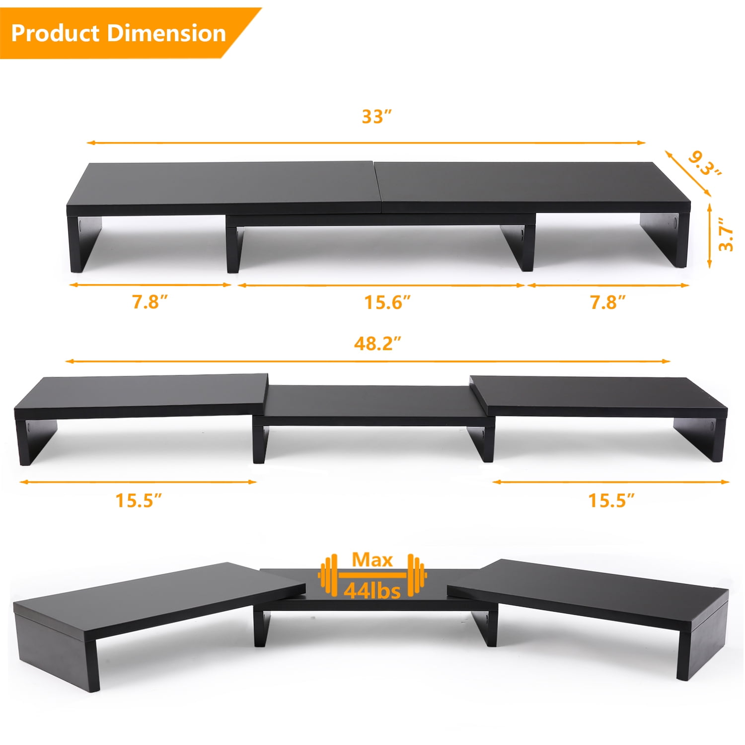 RTVR Dual Monitor Stand Riser Office Desktop Organizer Stand for 2 Monitors, Adjustable Length & Angle 3 Shelf Extra Long for TV Computer Laptop Black