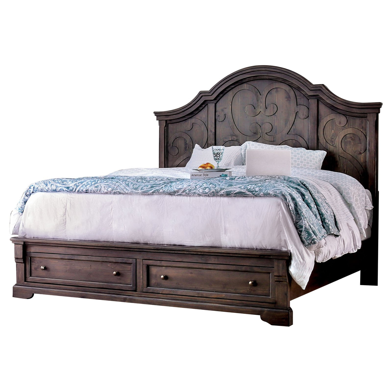 Wooden Eastern King Bed with Scalloped Headboard and Scroll Motif,Brown