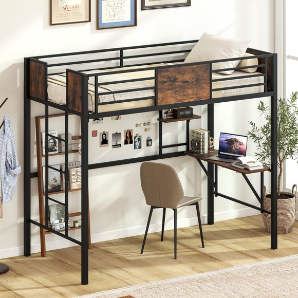 Gymax Twin Loft Bed w/ Desk Heavy-Duty Metal Bed Frame w/ Safety Guardrail & Ladder