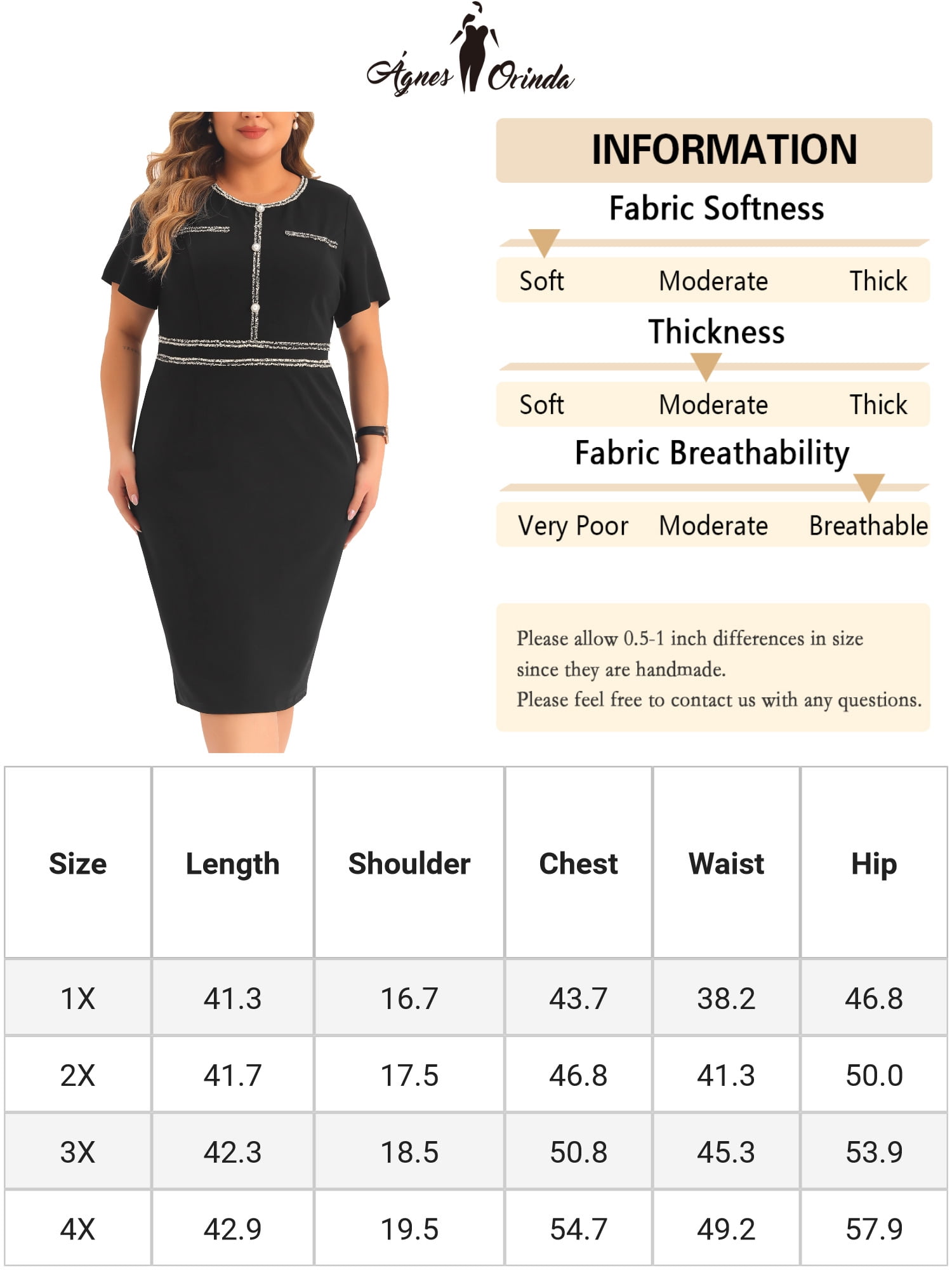 DARING DIVA Women's Plus Size Button Crew Neck Bodycon Pencil Dress 3X Black