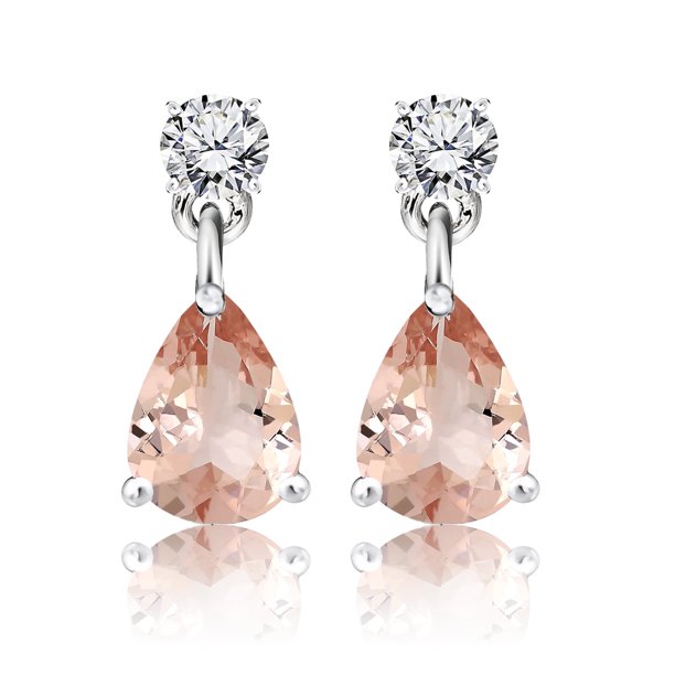 JeenMata Pendientes Clásicos de Oro Blanco de 18 K sobre Plata con Colgante de Turmalina Rosa (Piedra Natal de Octubre) de 2,5 Quilates con Corte Redondo y en Forma de Pera para Mujer