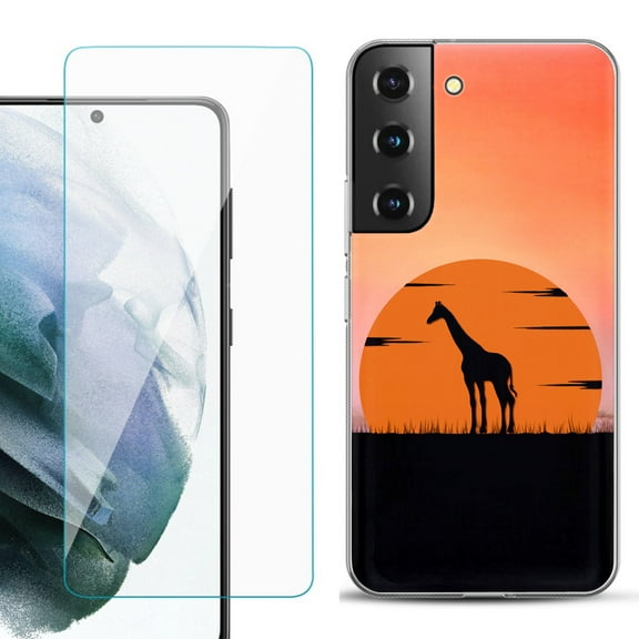 Slim-Fit TPU Fashion Phone Case for Samsung Galaxy S22 5G, with Tempered Glass Screen Protector, by OneToughShield ® - Sunset Giraffe