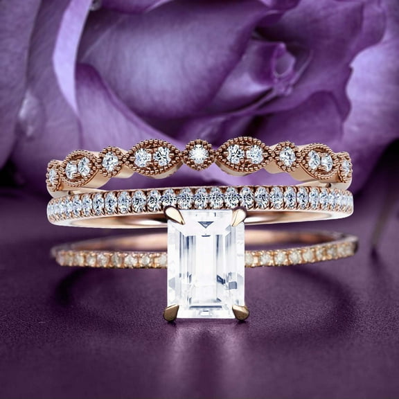 Trio Rings Set Art Deco 2.25 Carat Emerald Cut Diamond Moissanite Antique Engagement Ring, Wedding Ring in 925 Sterling Silver With Rose Gold Plating, Gift For Her, Promise Ring, Anniversary Ring