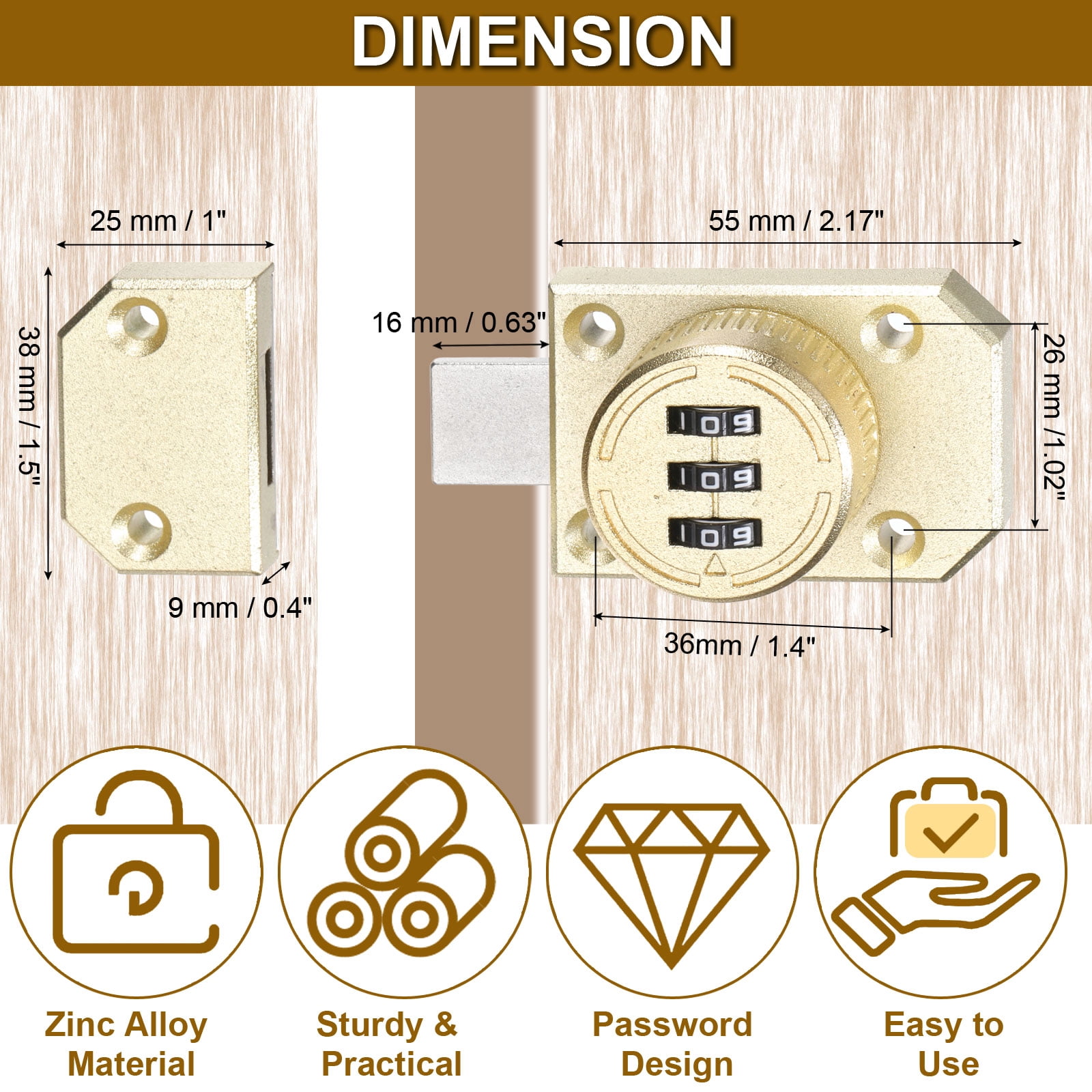 Combination Cabinet Lock, Zinc Alloy Mechanical Keyless Safety Door Latch, Gold 2 Pcs