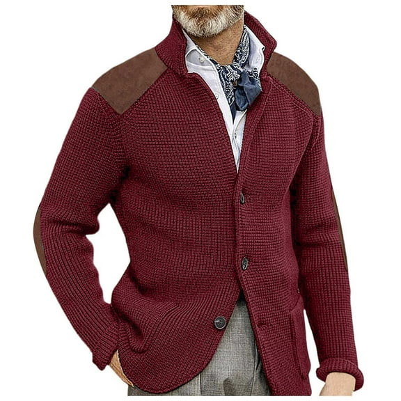 GBSYEWXS Men Pullover Sweaters Long Sleeve Cardigan Soft Patchwork Casual Red V-Neck Sweater