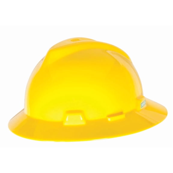 MSA Yellow V-Gard Polyethylene Slotted Full Brim Hard Hat With Staz On 4 Point Pinlock Suspension