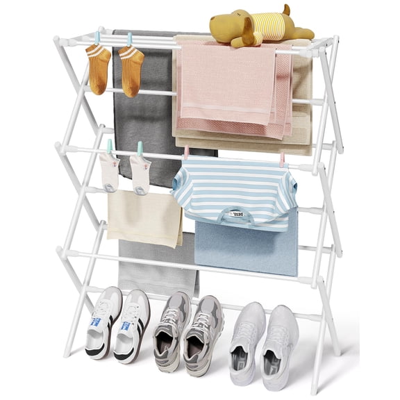 Foldable 3-Tier Clothes Drying Rack 37.4" H with Non-Slip Feet | Indoor & Outdoor Use, Space Saving, Metal Frame, 11.4" D x 29.1" W, White