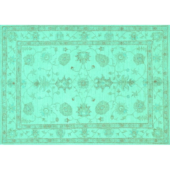 Ahgly Company Machine Washable Indoor Rectangle Oriental Turquoise Blue Traditional Area Rugs, 7' x 10'