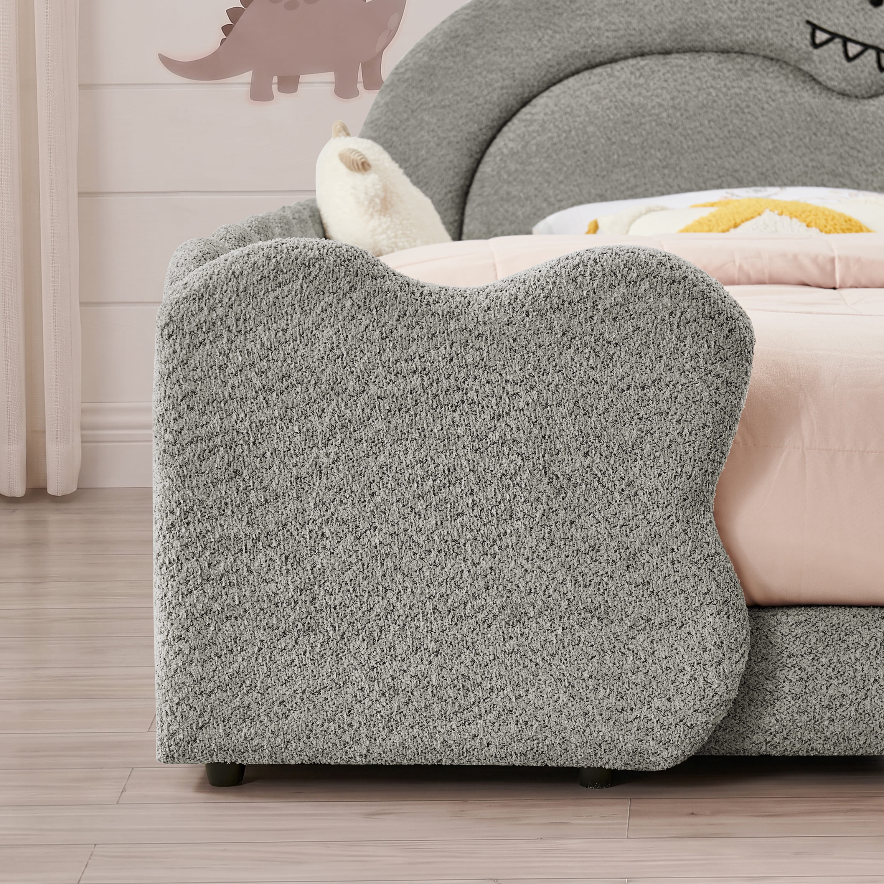 Wakefit Full Size Dinosaur Bed for Kids with Safety Guardrails,Boucle Upholstered Platform Bed Frame with 3D Dinosaur Headboard,Floor Bed for Boys & Girls,No Box Spring Needed,Grey