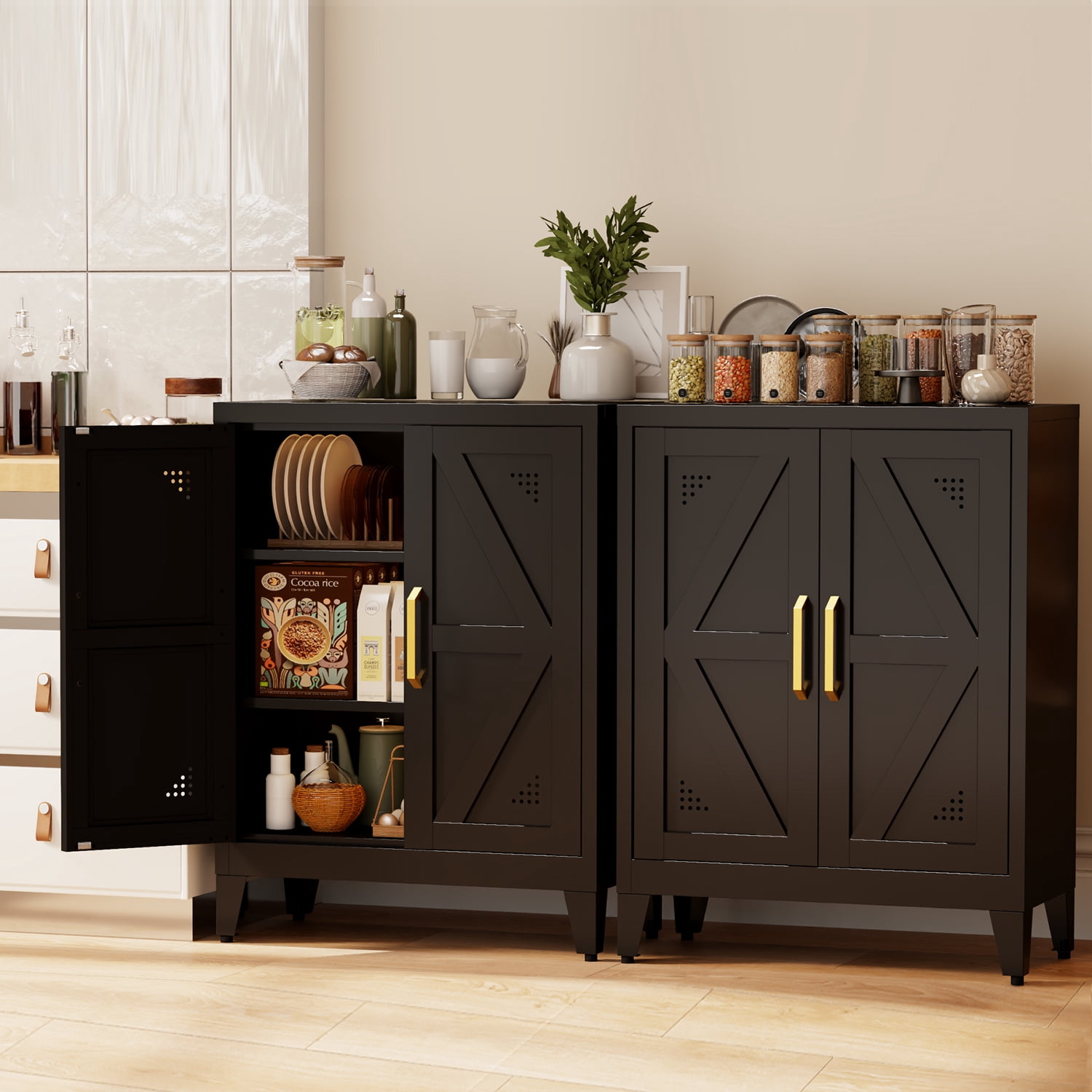 JHYKFG 32"Metal Pantry Storage Cabinet,Freestanding Sideboard with 2 Adjustable Shelves for Small Spaces, Living Room, Hallway, Dining Room,Black