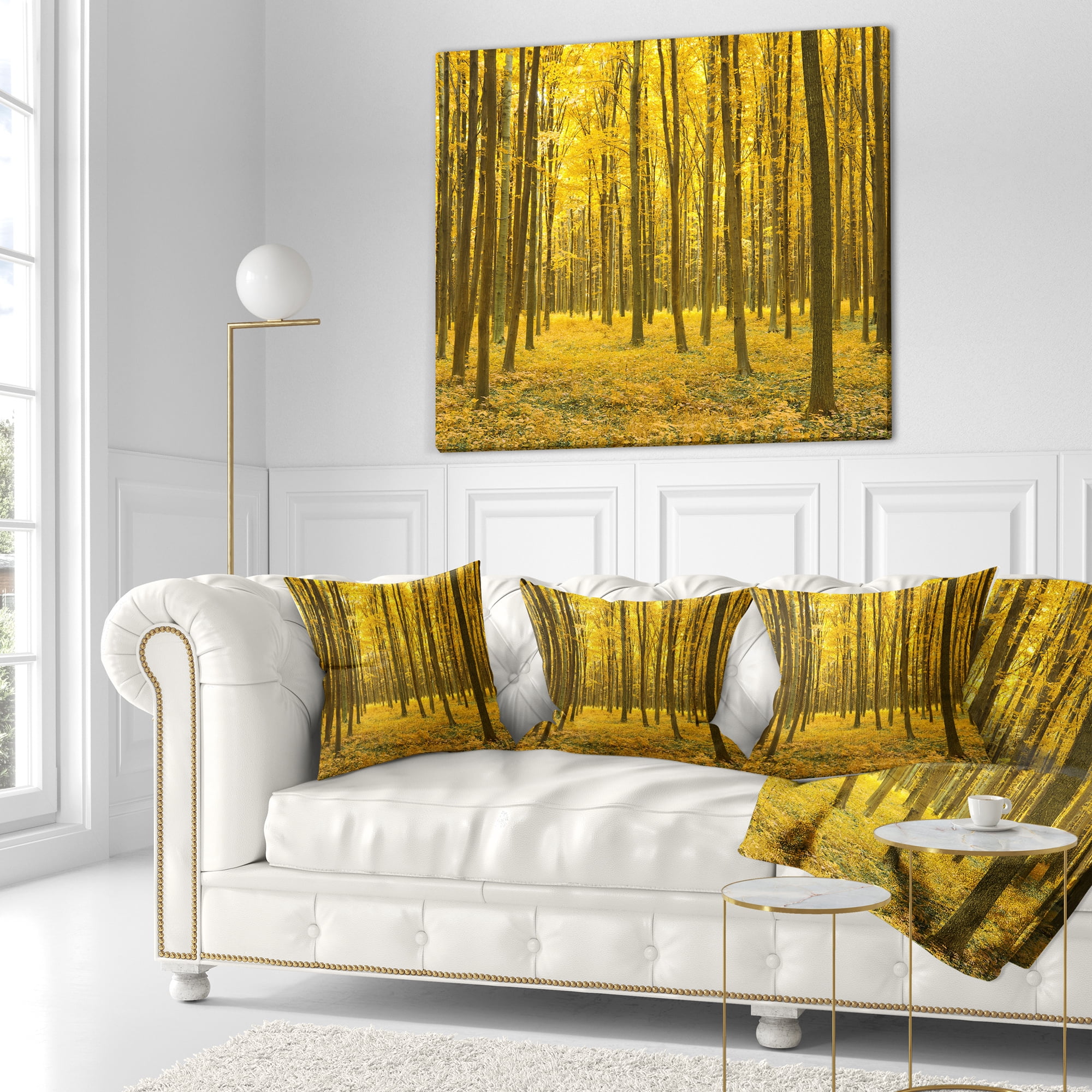 Designart Bright Yellow Autumns Forest - Modern Forest Throw Pillow - 16x16