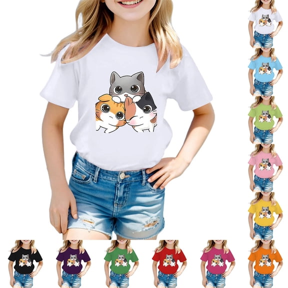 Weebloom Kids Girls Tshirts Cat Summer Boys Round Neck Cartoon Animal Print Casual Loose Short Sleeve Tee Tops For Toddler Youth Shirts 3-14 Years