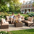 thumbnail image 4 of Gaildon 7 Patio Outdoor Furniture Wicker Sectional Sofa Couch Lawn Sectional Black Glass Table, Beige, 4 of 8