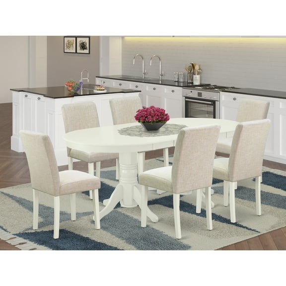 French Country Dining Set 7Pc - Table & 6 Chairs - Linen White Legs - Beige Fabric - Butterfly Leaf