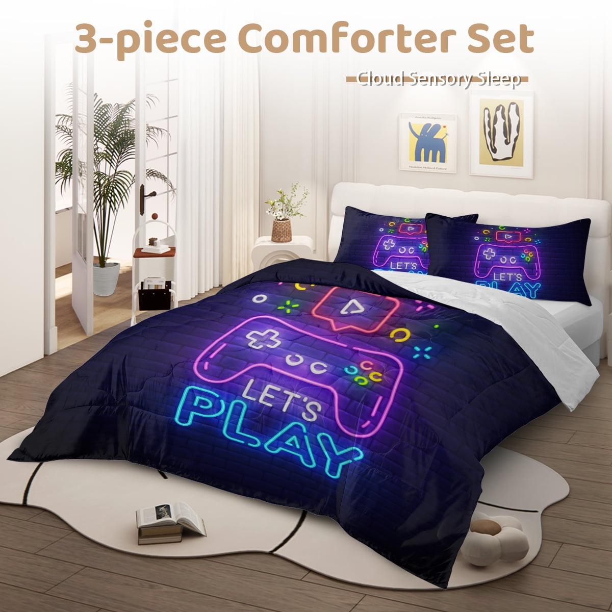 Sleepwish Gaming Comforter Set for Boys, 3-Piece Abstract Neon Kids Bedding Sets Twin Size