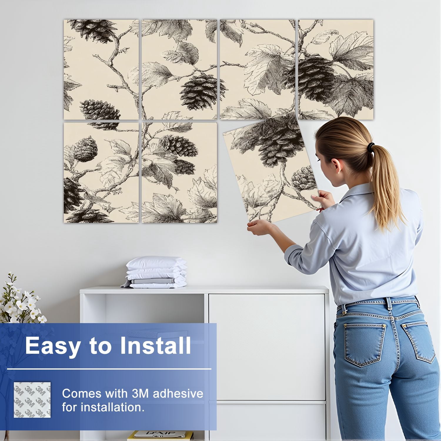 8 Pack Art Acoustic Panels Sound Absorbing Vintage Pine Cone Leaf Black Decorative Soundproof Wall Panels Self Adhesive for Nursery Game Room Bedroom 48"x32"