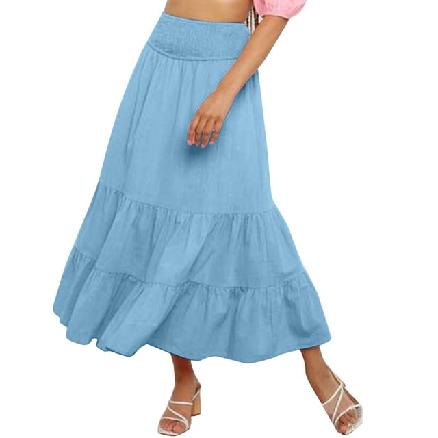 Fgnfyis Ladies Solid Color Pleated Stitching Elastic High Waist Long Skirt Skirts for Women Light Blue S